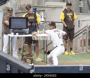 Japanese national baseball team manager Hideki Kuriyama (L) chats with San  Diego Padres right-hander Yu Darvish at the team's World Baseball Class  training camp on Feb. 18, 2023, in Miyazaki, southwestern Japan. (