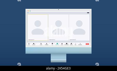 Video conference user interface, three users. Video conference calls window overlay on desktop, video chat UI elements, webinar, online meeting Stock Vector
