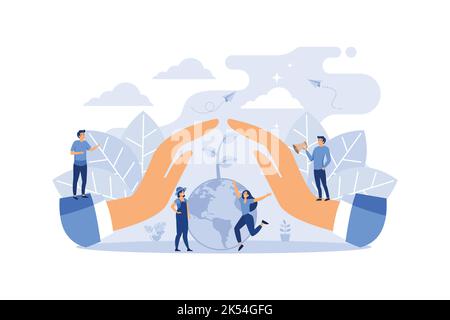 hands protect the planet from pollution. Save the planet concept., Plant a tree, save energy, Earth Day concept. flat design modern illustration Stock Vector