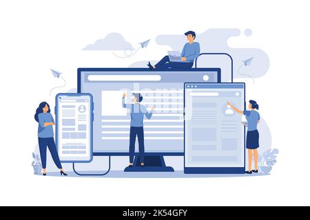 concept of web page design and development of mobile websites, small people are working on creating a website, applications, transferring information. Stock Vector
