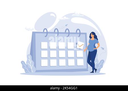 pregnant woman expecting childbirth looking at the calendar, full of prosperous family vector. flat design modern illustration Stock Vector