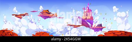 Magic castle with waterfall floating on island in sky. Cartoon illustration, autumn fantasy landscape with beautiful palace and pieces of land flying in fluffy white clouds. Adventure game background Stock Vector