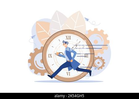 work time management concept, quick response, people rush to do everything at work, time is running out, rewind time. flat design modern illustration Stock Vector