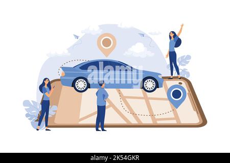 Gps system, cartography display, location on the city map, navigation in the smartphone and tablet, the path is paved to the car. flat design modern i Stock Vector