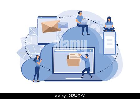 cartoon style, cloud storage, data processing, message sending, illustration for web design marketing and printed materials. flat design modern illust Stock Vector