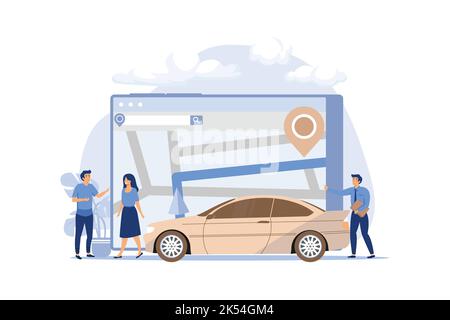 Gps system, cartography display, location on the city map, navigation in the smartphone and tablet, the path is paved to the car. flat design modern i Stock Vector