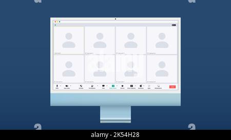Videocall interface, video call screen UI template or vector overlay for conference chat. Videocall mockup with zoom icons for online video call in Stock Vector