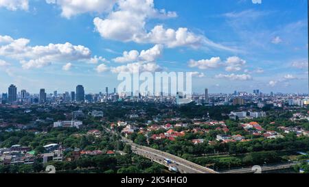 A bird eye view of high-density neighborhood in Jakarta . Jakarta, Indonesia's massive capital, sits on the northwest coast of the island of Java Stock Photo