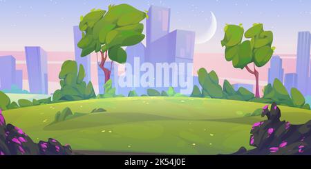 City park at early morning landscape, summer or spring scenery background, public recreational place with green trees and lawn under pink sky with stars and crescent, Cartoon vector illustration Stock Vector