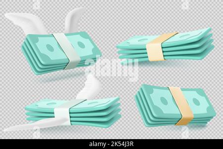 Money banknotes bundles with wings isolated on transparent background. Finance icons of payment, inflation, shopping, savings loss with flying paper cash, 3d vector illustration Stock Vector