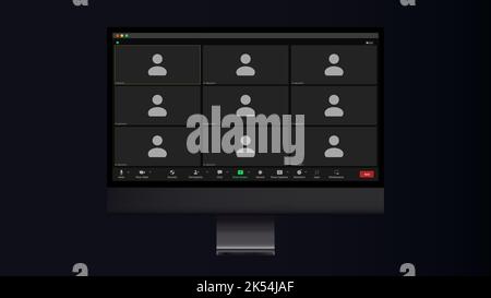 Videocall interface, video call screen or conference chat UI template, vector overlay. Videocall display on computer of phone video app with Stock Vector