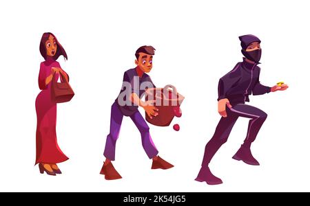 Set of surprised male, female characters and thief isolated on white background. Cartoon vector illustration of shocked woman with purse, scared man dropping fruits from basket, ninja robber in black outfit Stock Vector