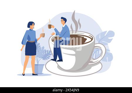 Coffee break, businessman and businesswoman colleague take a break having coffee and have a chat. flat design modern illustration Stock Vector