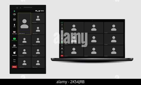Video conferencing user interface. User web video call window. Video conferencing window overlay. Screen display of a video meeting application Stock Vector