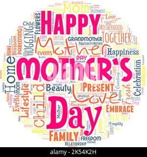 Big word cloud in the shape of a circle with happy mother's day. Day of year where mothers are particularly honoured by children Stock Vector