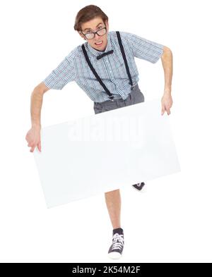 Getting tripped up over some great marketing. Portrait of a young man falling over while running to show you his placard. Stock Photo