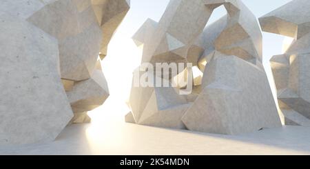 conrete futuristic cubic buildings with sky and sun background 3d render illustration Stock Photo