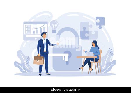Business solution. Teamwork achievement. Cooperation concept. Group of men and women carries key to the keyhole. Vector illustration flat design. Effe Stock Vector
