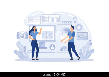 Design and programming banner, web landing page, advertisement. Designers working on ui ux design or mobile application. Studio or agency prototyping Stock Vector