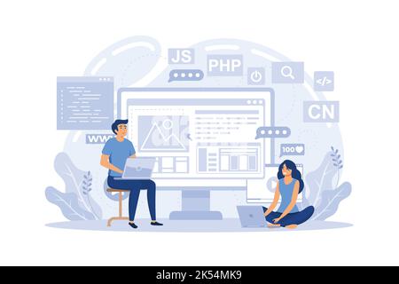 Programming courses web design concept with people. Students studying with computers scene. Online IT courses composition in flat style. Stock Vector