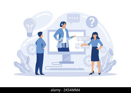 Customer service, hotline operators consult customers with headsets on computers, 247 global online technical support, Call center, call processing sy Stock Vector