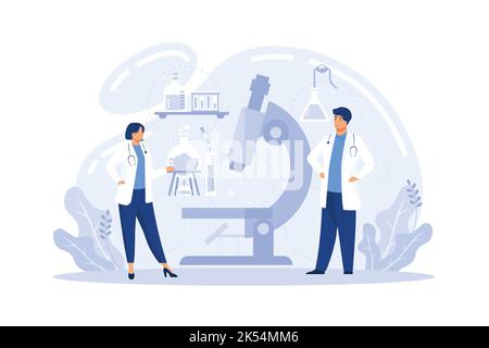 Medical tests template. chemical laboratory analysis. laboratory analysis concept. woman laboratory assistance with microscope, medical office or labo Stock Vector