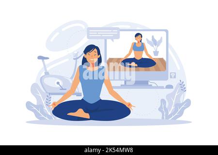 Yoga studios streaming online classes. Girl watching online sport tutorials on a laptop and working out at home. Stock Vector