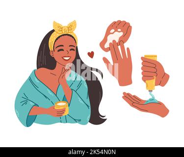 Beautiful black young woman applying cosmetic product. Skin care banner. Skincare routine, mask applying and cosmetics. Stock Vector