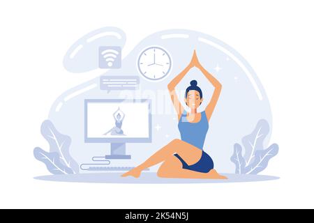 Yoga studios streaming online classes. Girl watching online sport tutorials on a laptop and working out at home. flat vector illustration Stock Vector