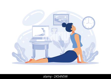 Yoga studios streaming online classes. Girl watching online sport tutorials on a laptop and working out at home. flat vector illustration Stock Vector