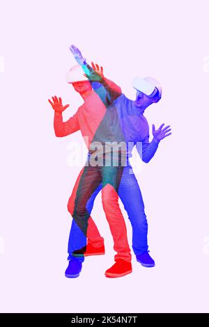 Man is using virtual reality headset. Image with double color exposure effect. Concept of virtual reality, simulation, gaming and metaverse. Stock Photo