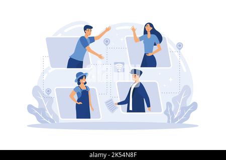 Remote working concept set. Telework and global outsourcing, Employee work from home. Social-distance during corona virus quarantine. Stock Vector