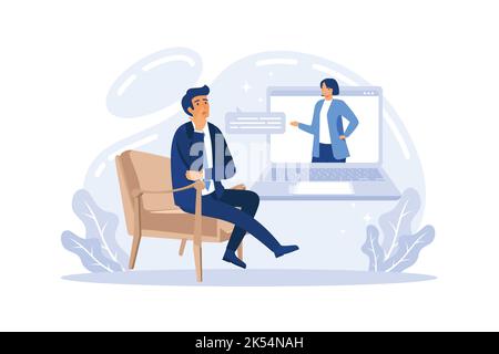 Online therapy with psychologist concept. Patient at psychological counseling. Doctor help through laptop screen banner. flat vector illustration Stock Vector