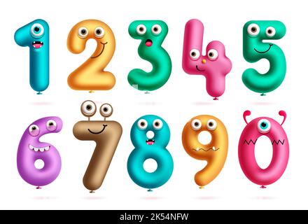 Birthday balloons vector set design. Balloon numbers cute cartoon collection for party and events decoration. Vector Illustration. Stock Vector