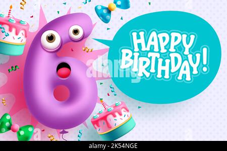Happy 6th birthday vector design. Birthday text in speech bubble space with purple cartoon balloon party elements in pattern background. Vector Stock Vector