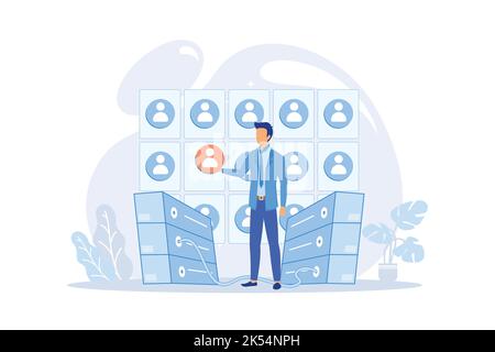 Client database analysis. Marketing strategy, CRM planning, target audience research. Expert, analyst studying end user preferences, profiles. Stock Vector