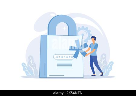Man with key near computer and account login and password. Vector male character design concept for business. Stock Vector