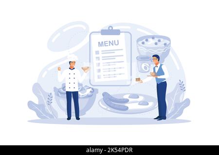 Waiter concept. Restaurant staff in the uniform, catering service. Table setting and customer calculation, sharing tips. Stock Vector