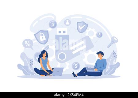 Crypto exchanges, decentralized finance, hardware cold wallet metaphor set. DeFi finance and blockchain technology concept, anonymous internet transac Stock Vector