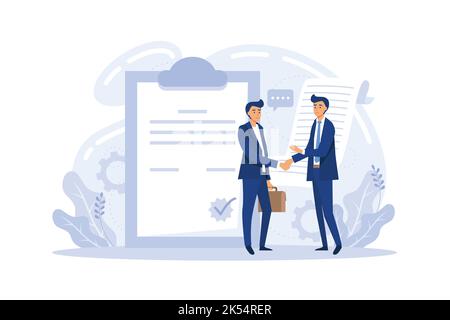 Business contract illustration. Characters signing legal document, electronic contract or agreement online. People reading contract terms and conditio Stock Vector