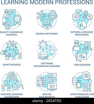 Learning modern professions turquoise concept icons set Stock Vector