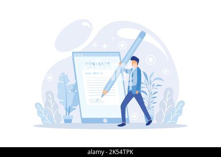 Man putting esignature into legal document. Digital signature concept. Businessman signing an agreement or contract online. Stock Vector