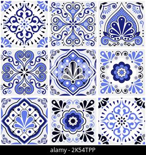 Big set tiles vector seamless design, Mexican folk art style talavera pattern - mix of different tiles in navy blue Stock Vector