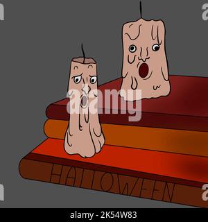 spooky candles with faces on books halloween illustration Stock Vector