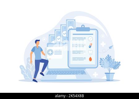 Laptop screen of male doctor with stethoscope, patient medical records and health icons. Online doctor, medical consultation and healthcare concept. F Stock Vector