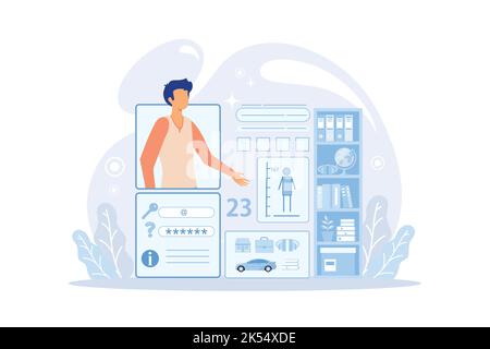 User looking for information in tablet with magnifier. Electronic goods technical assistance guide, manual for computer hardware and software concept, Stock Vector