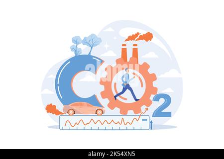 high levels carbon dioxide CO2 atmosphere. Industrial emissions affect changes in carbon dioxide concentration. Causes of climate change on planet. Pr Stock Vector
