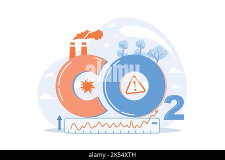 high levels carbon dioxide CO2 atmosphere. Industrial emissions affect changes in carbon dioxide concentration. Causes of climate change on planet. Pr Stock Vector