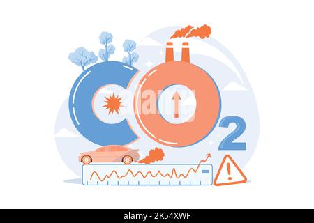 high levels carbon dioxide CO2 atmosphere. Industrial emissions affect changes in carbon dioxide concentration. Causes of climate change on planet. Pr Stock Vector