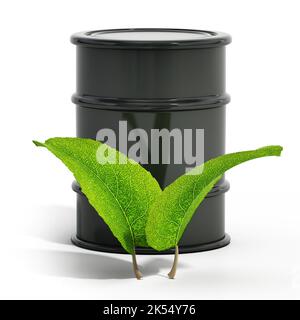 Green leaves and oil barrel isolated on white background. 3D illustration. Stock Photo